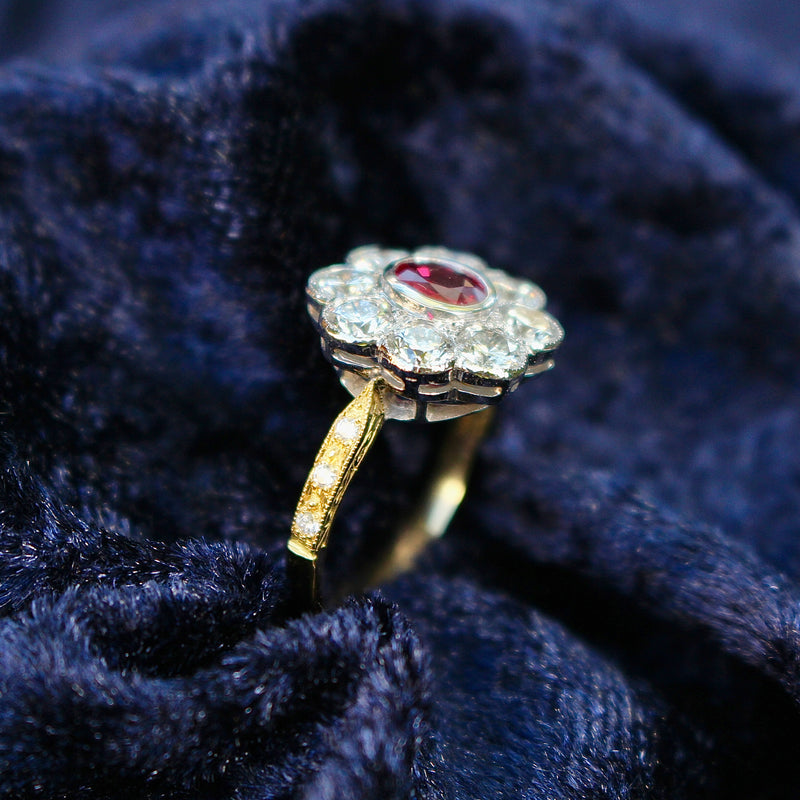 18ct Yellow and White Gold Ruby and Diamond Daisy Ring