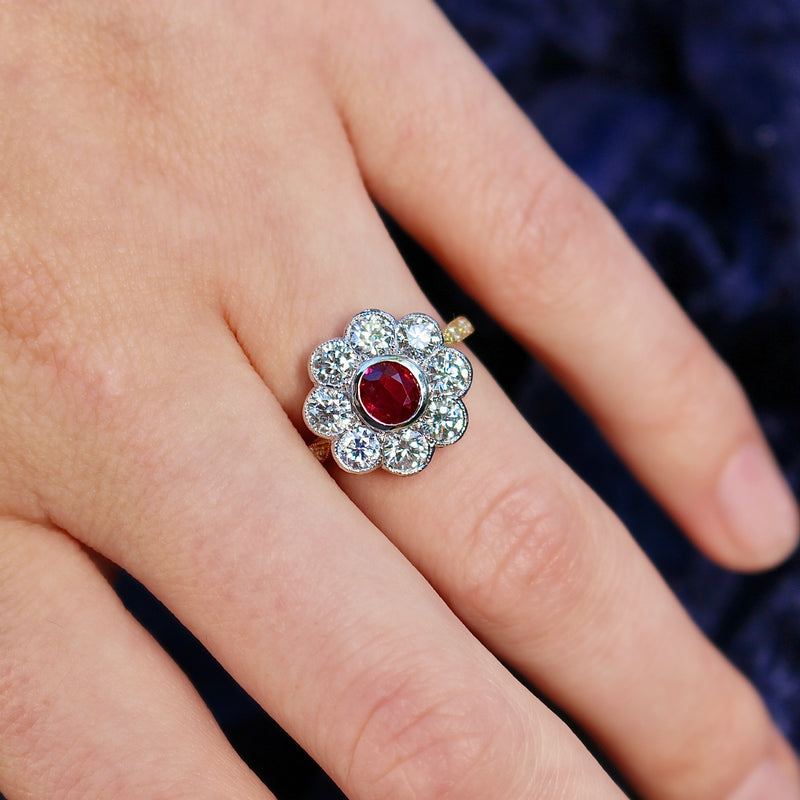 18ct Yellow and White Gold Ruby and Diamond Daisy Ring