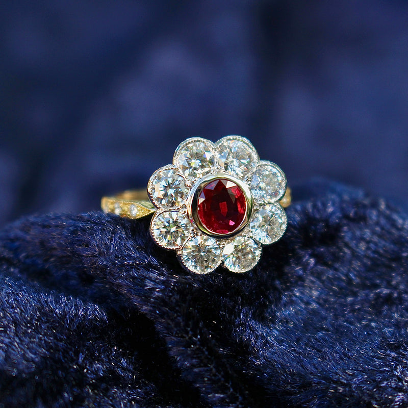 18ct Yellow and White Gold Ruby and Diamond Daisy Ring