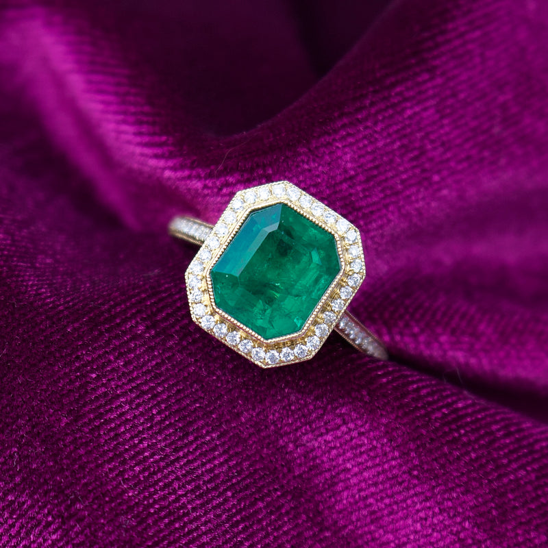 18ct Yellow Gold Emerald and Diamond Halo Ring