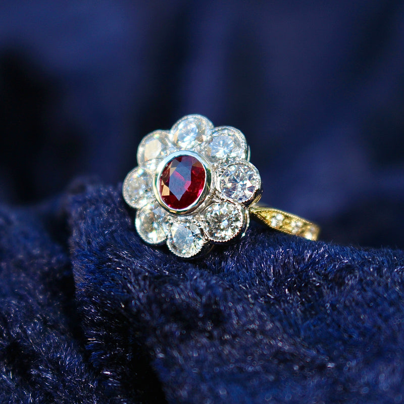 18ct Yellow and White Gold Ruby and Diamond Daisy Ring