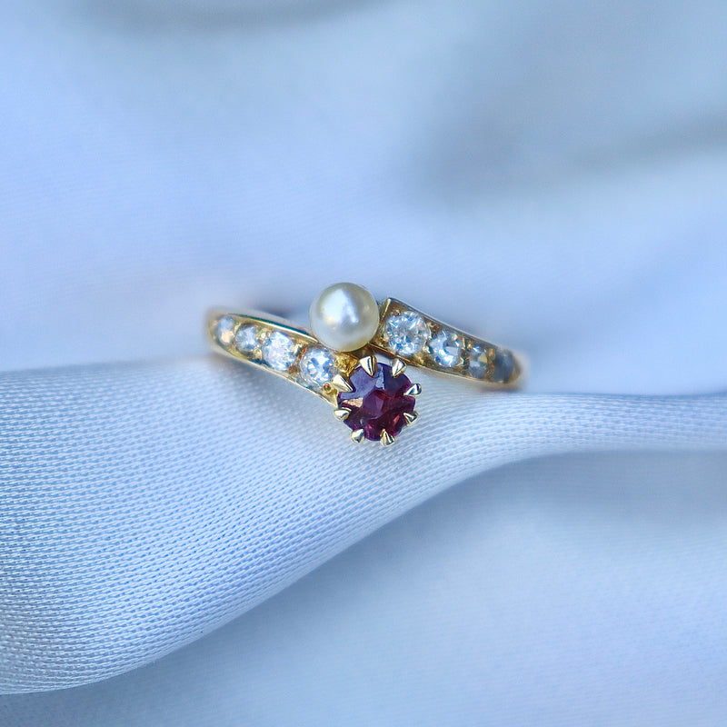 18ct Yellow Gold Antique Ruby, Pearl and Old Cut Diamond Moi et Toi Ring