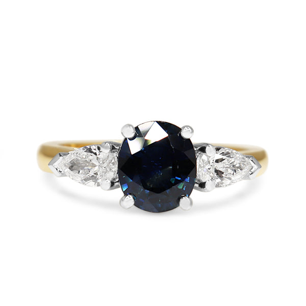 18ct Yellow and White Gold Sapphire and Pear Shaped Diamond 3 Stone Ring