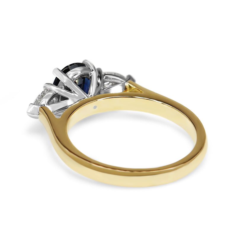 18ct Yellow and White Gold Sapphire and Pear Shaped Diamond 3 Stone Ring