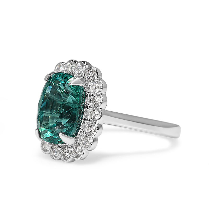 18ct White Gold Cushion Cut Emerald and Diamond Daisy Style Ring