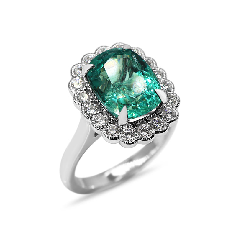 18ct White Gold Cushion Cut Emerald and Diamond Daisy Style Ring
