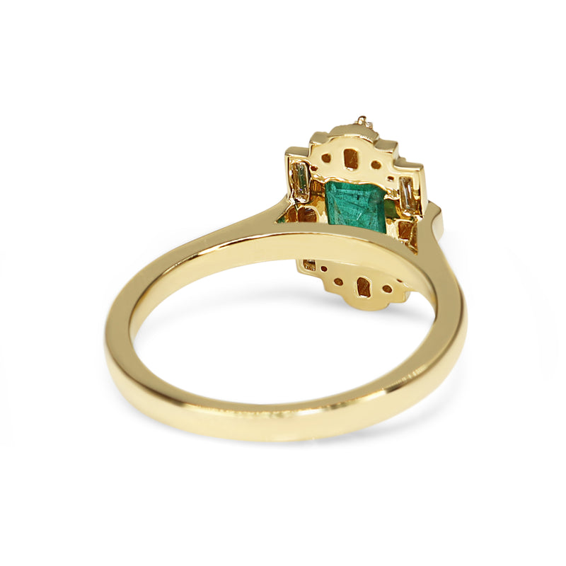 18ct Yellow Gold Emerald and Baguette Diamond Halo Art Deco Style Ring