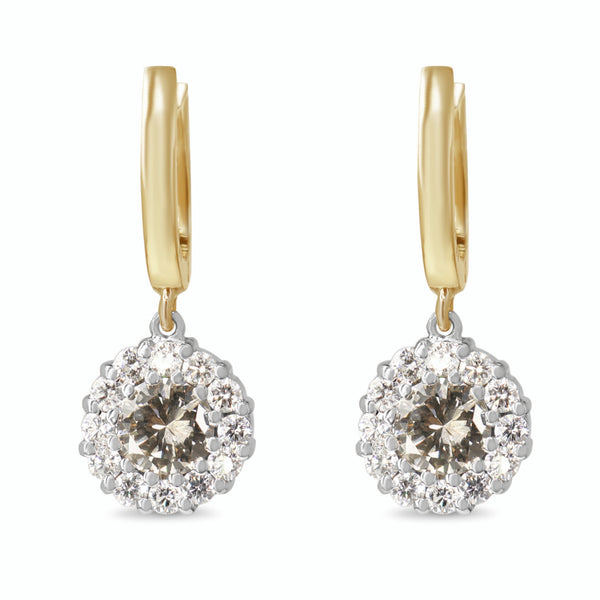 18ct Yellow and White Gold Champagne Diamond Halo Drop Earrings