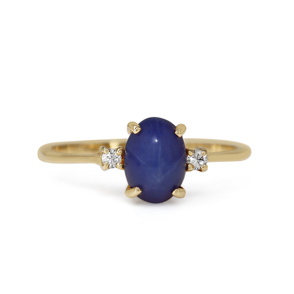 14ct Yellow Gold Cabochon Star Sapphire and Single Cut Diamond 3 Stone Ring