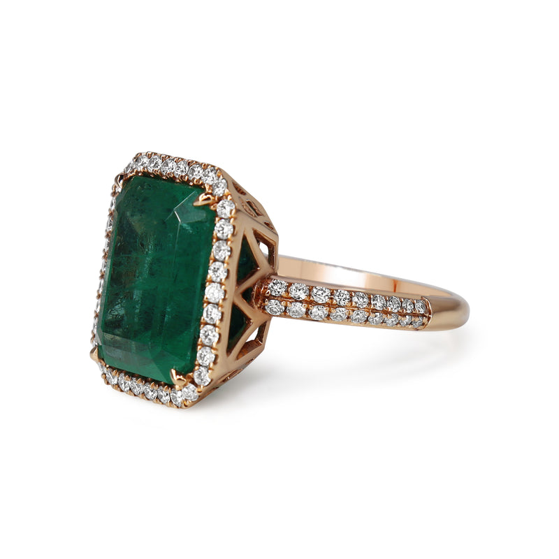 18ct Rose Gold Emerald and Diamond Halo Ring