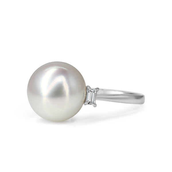 Platinum 12.7mm South Sea Pearl and Baguette Diamond Ring