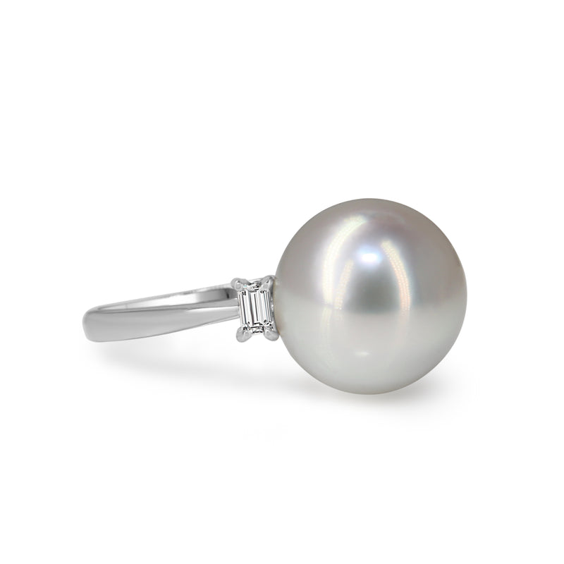 Platinum 12.7mm South Sea Pearl and Baguette Diamond Ring