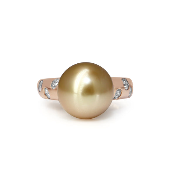 18ct Rose Gold 11mm Golden South Sea Pearl and Diamond Ring