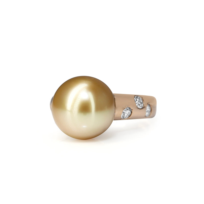 18ct Rose Gold 11mm Golden South Sea Pearl and Diamond Ring