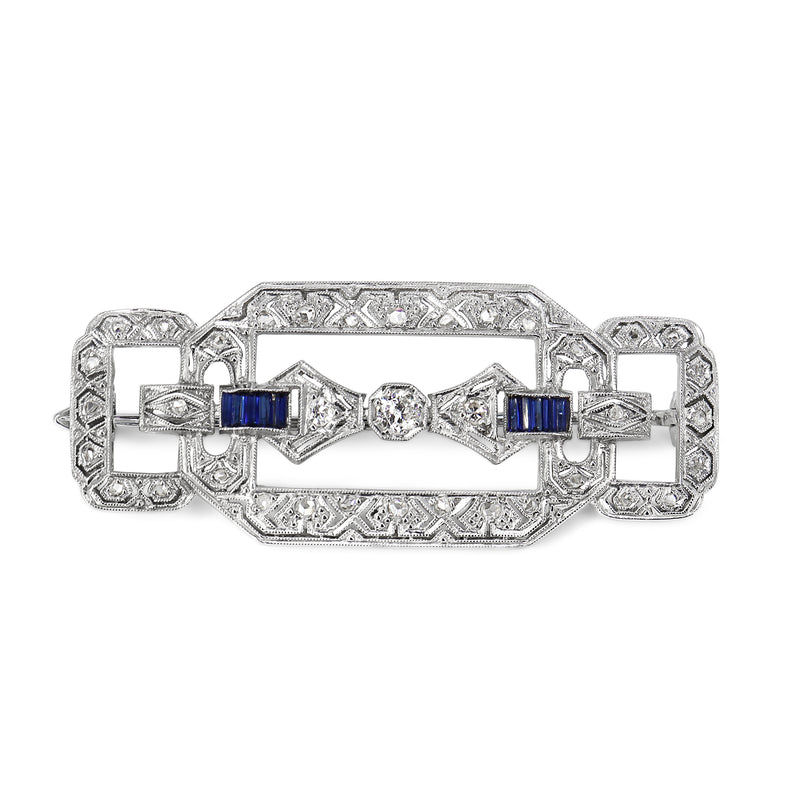 Platinum Art Deco Sapphire and Old + Rose Cut Diamond Brooch