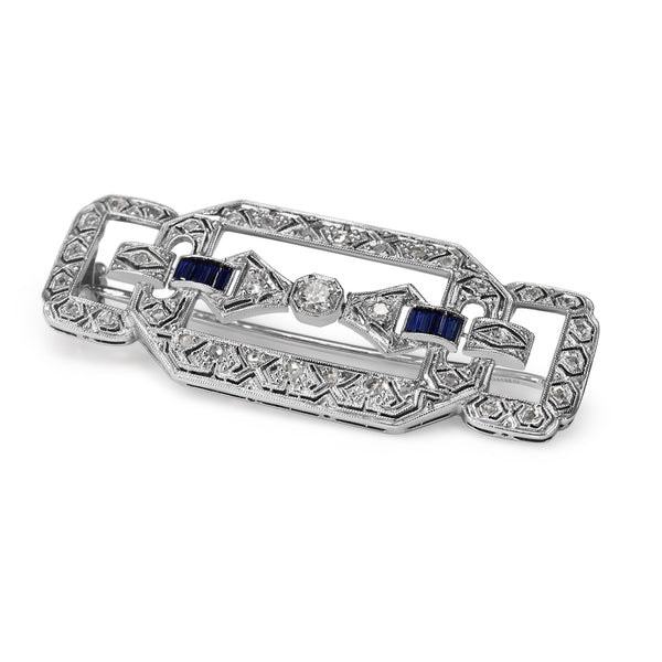 Platinum Art Deco Sapphire and Old + Rose Cut Diamond Brooch