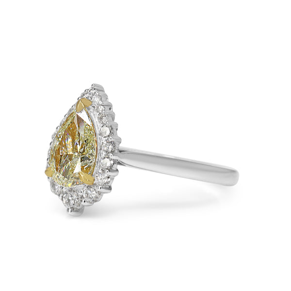 18ct Yellow and White Gold Yellow Pear Diamond Halo Ring