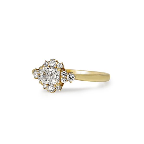 18ct Yellow Gold Radiant Halo East West Diamond Ring