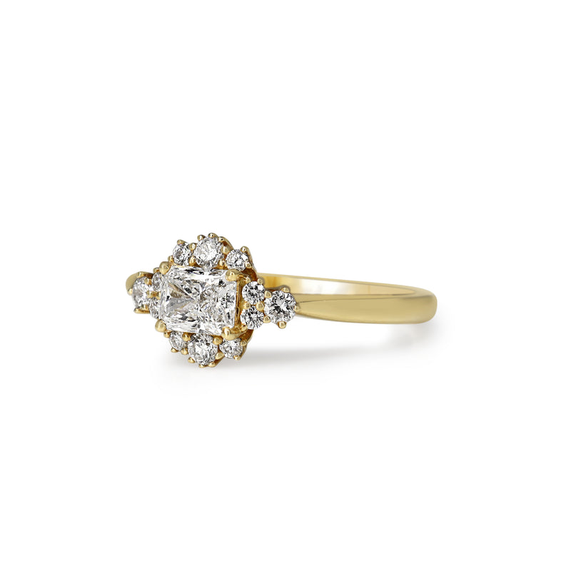 18ct Yellow Gold Radiant Halo East West Diamond Ring