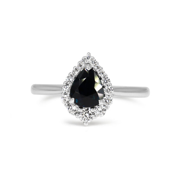 18ct White Gold Pear Sapphire Halo Ring