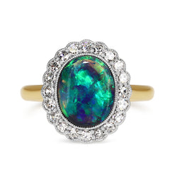 18ct Yellow and White Gold Black Opal and Diamond Daisy Halo Ring