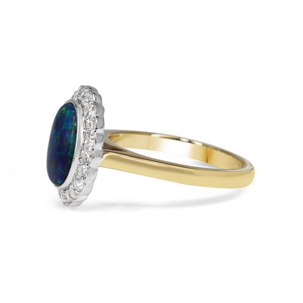 18ct Yellow and White Gold Black Opal and Diamond Daisy Halo Ring