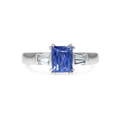 18ct White Gold Emerald Cut Sapphire and Baguette Diamond Ring