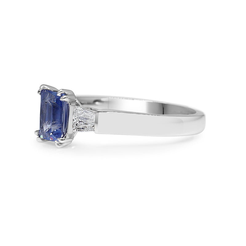 18ct White Gold Emerald Cut Sapphire and Baguette Diamond Ring