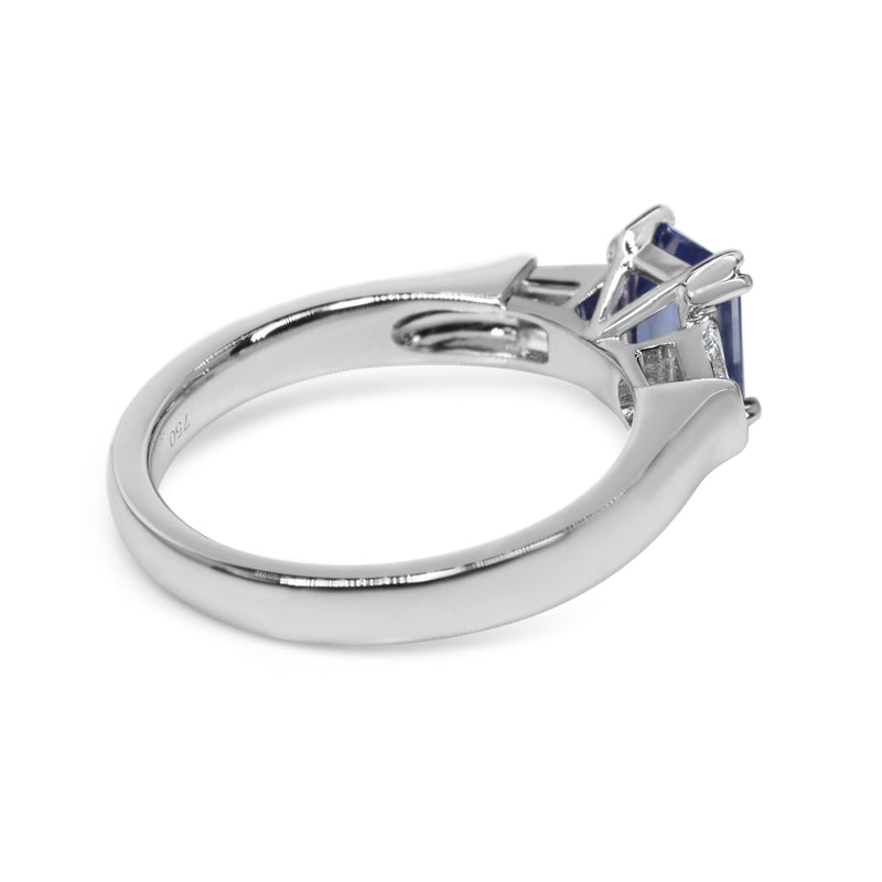 18ct White Gold Emerald Cut Sapphire and Baguette Diamond Ring