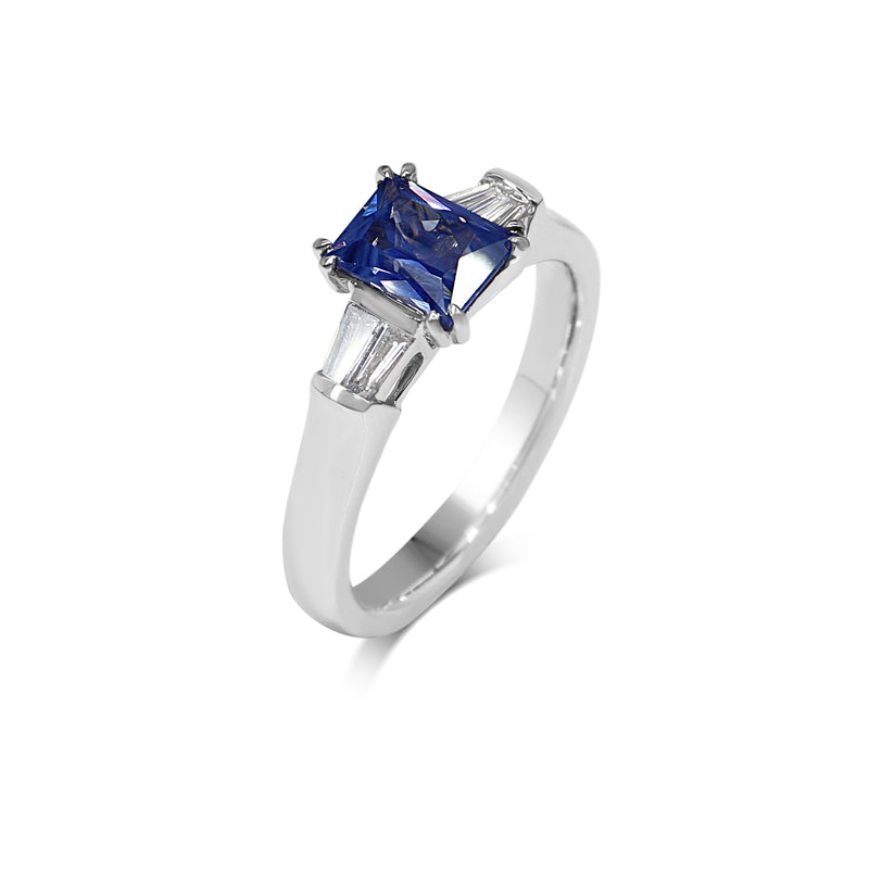 18ct White Gold Emerald Cut Sapphire and Baguette Diamond Ring