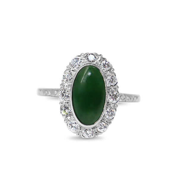 Platinum Jade and Diamond Halo Ring