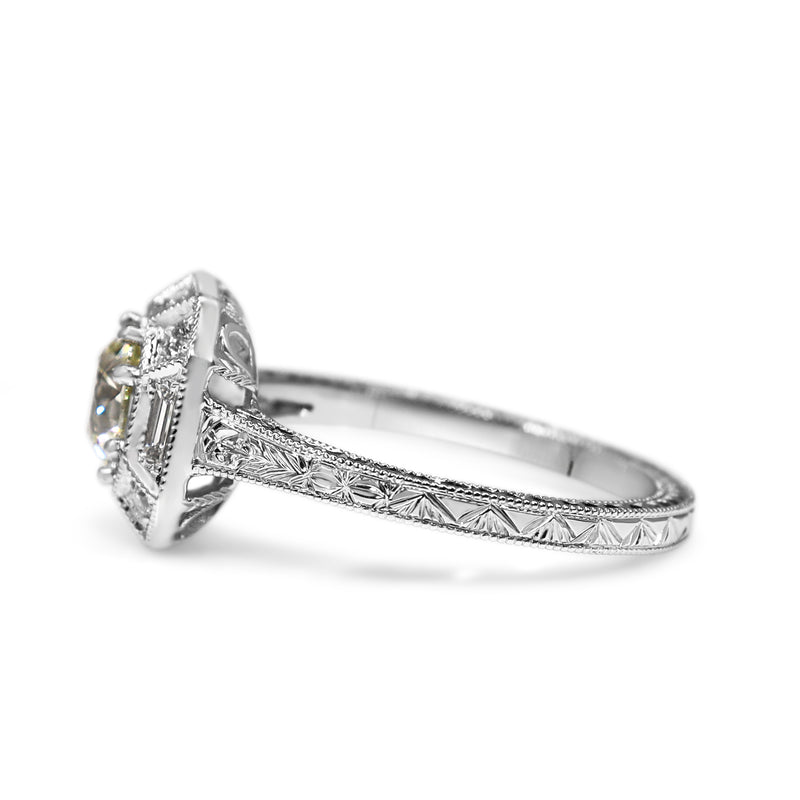 18ct White Gold Art Deco Style Baguette Halo Ring with Etched Band