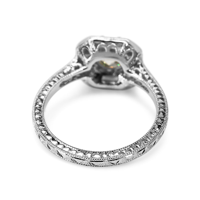 18ct White Gold Art Deco Style Baguette Halo Ring with Etched Band