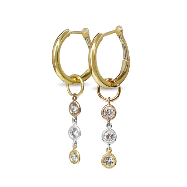 18ct 3 Tone Yellow, White and Rose Gold Diamond Drop Earrings