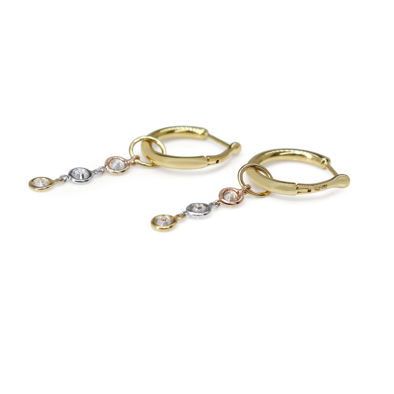 18ct 3 Tone Yellow, White and Rose Gold Diamond Drop Earrings