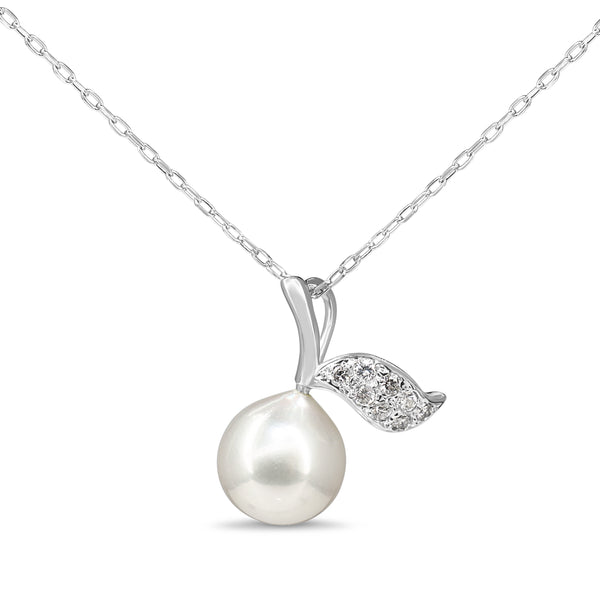 Platinum 9mm Akoya Pearl and Diamond 'Apple and Leaf' Style Necklace