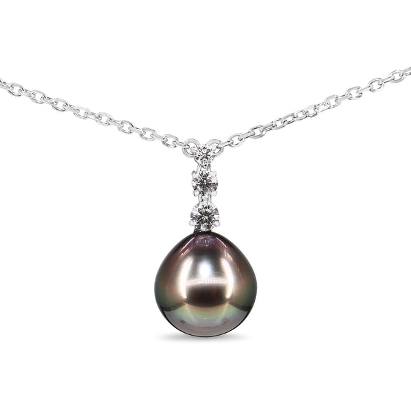 18ct White Gold 12mm Tahitian Pearl and Diamond Drop Necklace