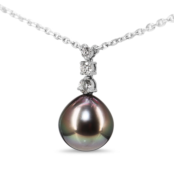 18ct White Gold 12mm Tahitian Pearl and Diamond Drop Necklace