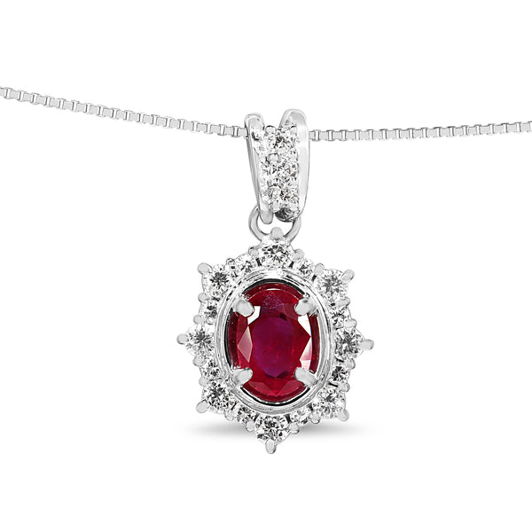 Platinum Ruby and Diamond Halo Necklace