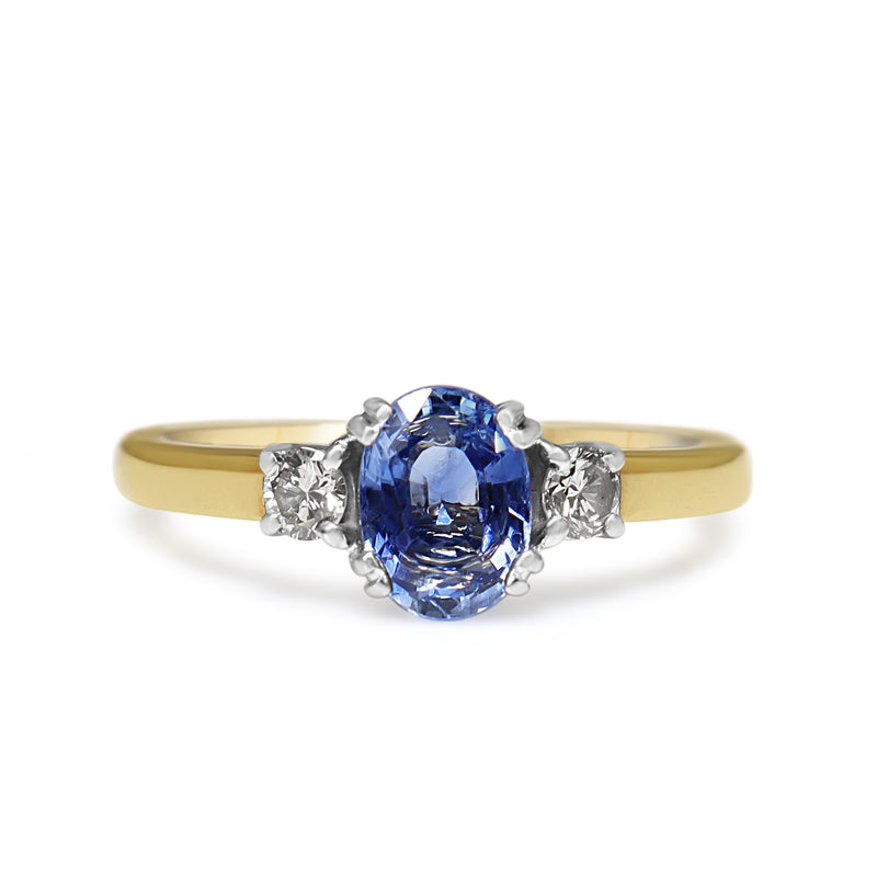 9ct Yellow and White Gold Oval Sapphire and Diamond 3 Stone Ring