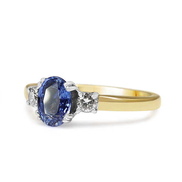 9ct Yellow and White Gold Oval Sapphire and Diamond 3 Stone Ring