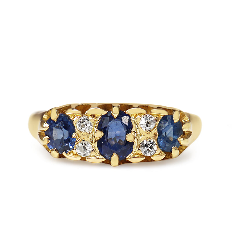 18ct Yellow Gold Antique Sapphire and 3 Stone Old Cut Diamond Ring