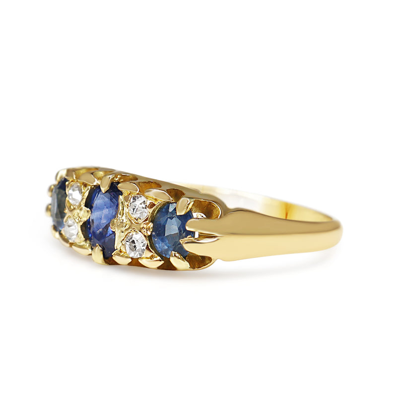 18ct Yellow Gold Antique Sapphire and 3 Stone Old Cut Diamond Ring