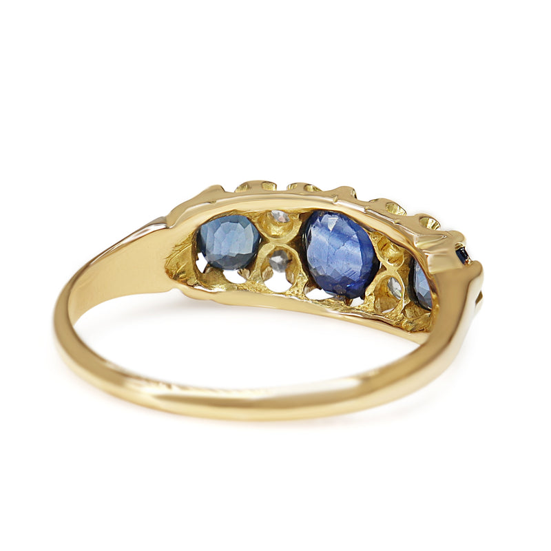 18ct Yellow Gold Antique Sapphire and 3 Stone Old Cut Diamond Ring