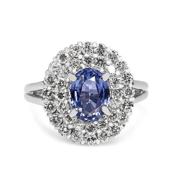 Platinum Sapphire and Diamond Double Halo Cluster Ring