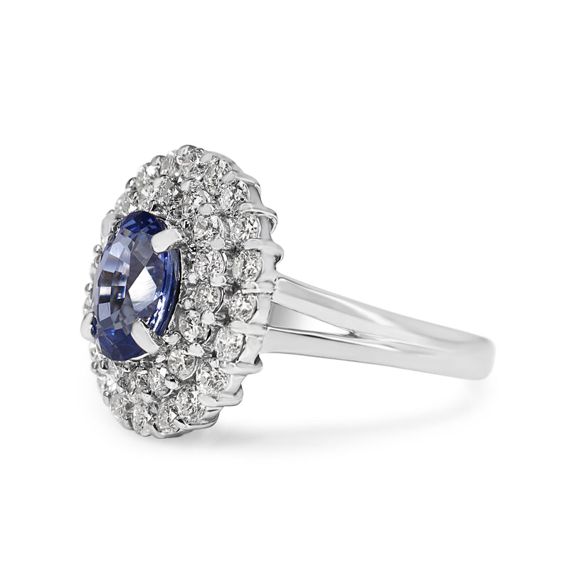 Platinum Sapphire and Diamond Double Halo Cluster Ring