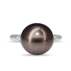 18ct White Gold 11mm Tahitian Pearl and Diamond Ring