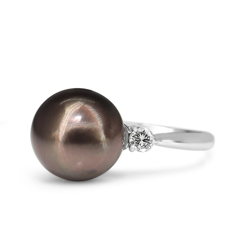 18ct White Gold 11mm Tahitian Pearl and Diamond Ring