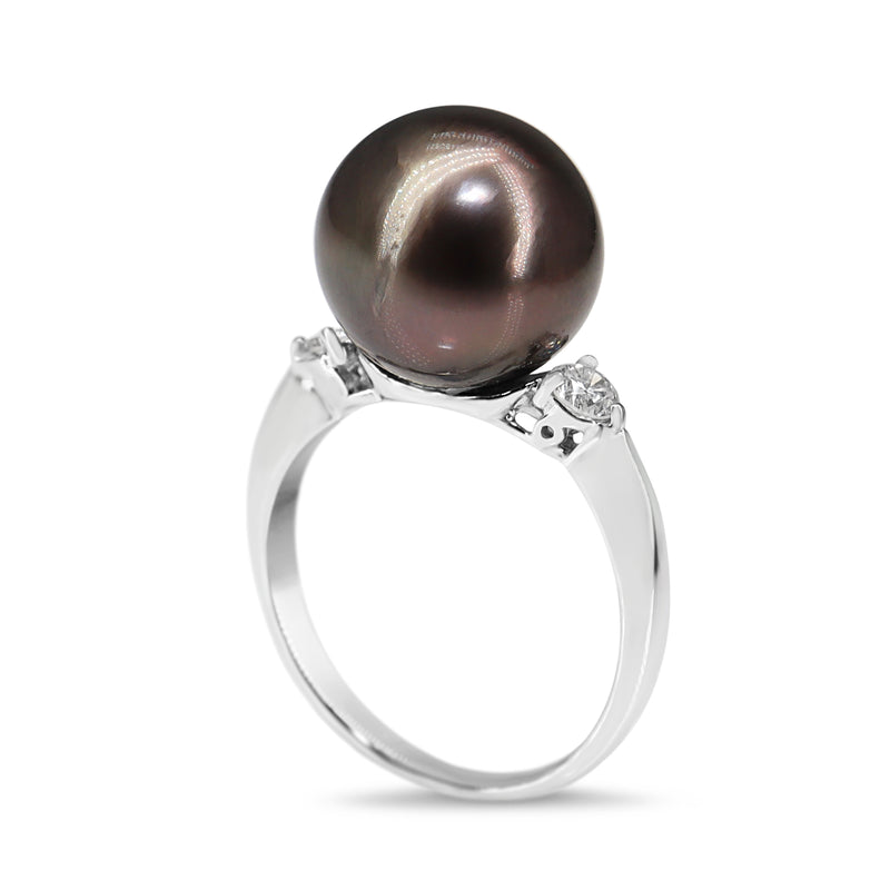 18ct White Gold 11mm Tahitian Pearl and Diamond Ring