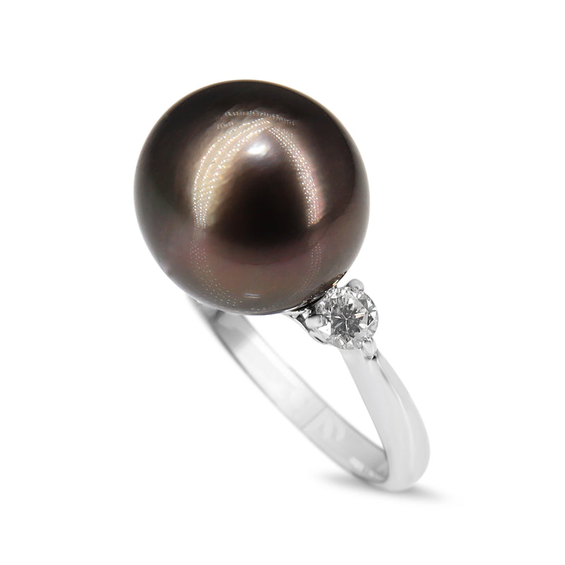 18ct White Gold 11mm Tahitian Pearl and Diamond Ring